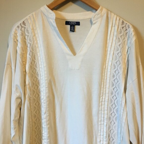 Chaps Flowy Embroidered Cotton Pintuck Peasant Sleeve Tunic Blouse - Picture 3 of 11